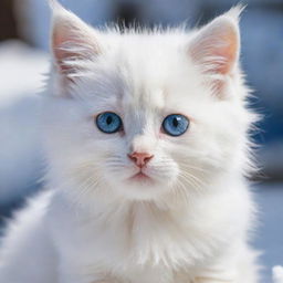 A kitten with snow-white fur, one eye crystal blue, the other golden yellow, gazing with innocence and curiosity.