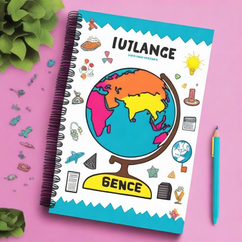 Create a vibrant and educational notebook cover for science, history, and geography subjects