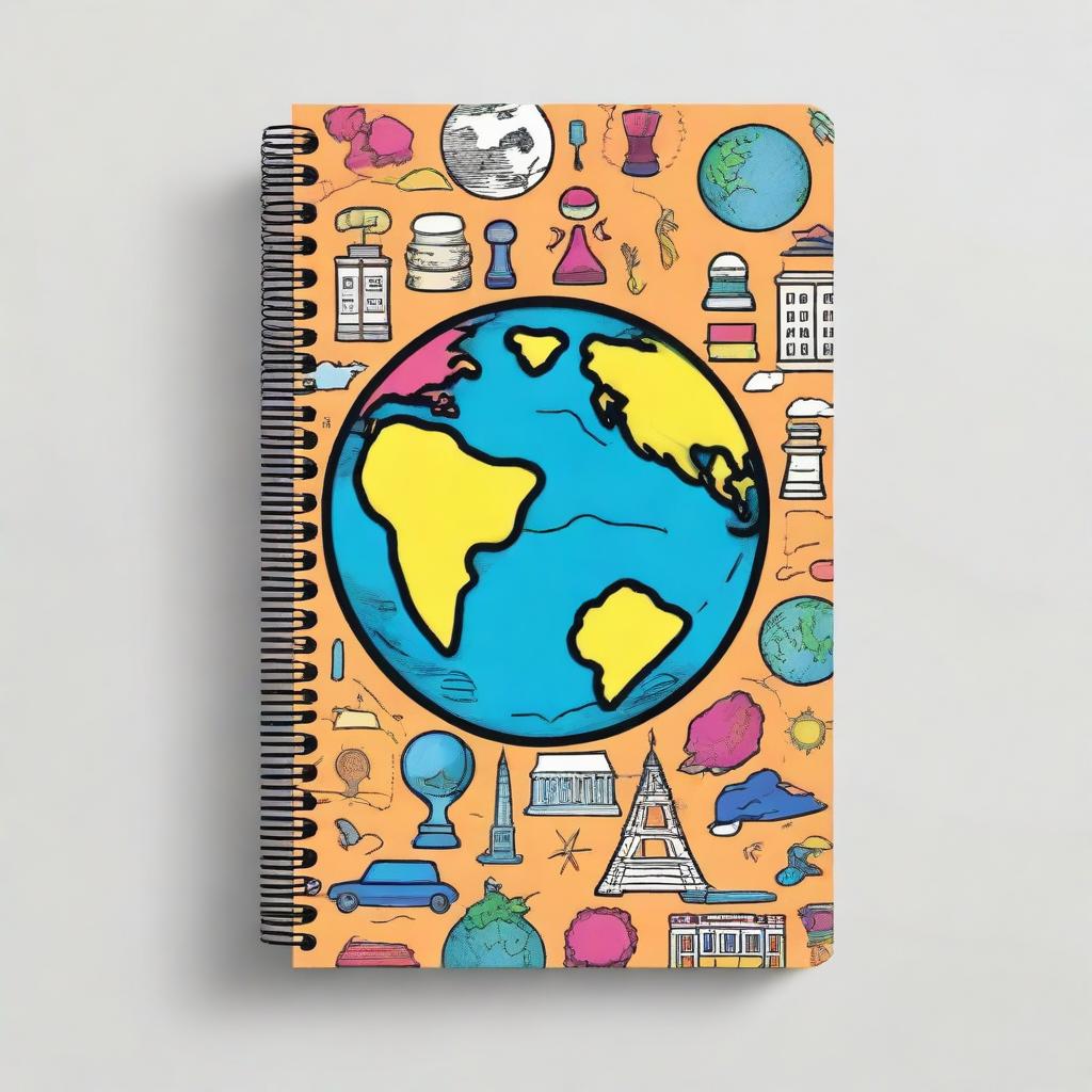 Create a vibrant and educational notebook cover for science, history, and geography subjects