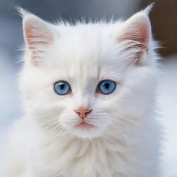 A kitten with snow-white fur, one eye crystal blue, the other golden yellow, gazing with innocence and curiosity.