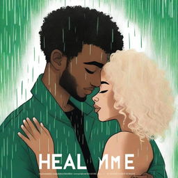 A light-skinned black woman with long curly hair with blond highlights, with tears in her eyes, hugging a tall white man with green eyes and short black hair in the rain