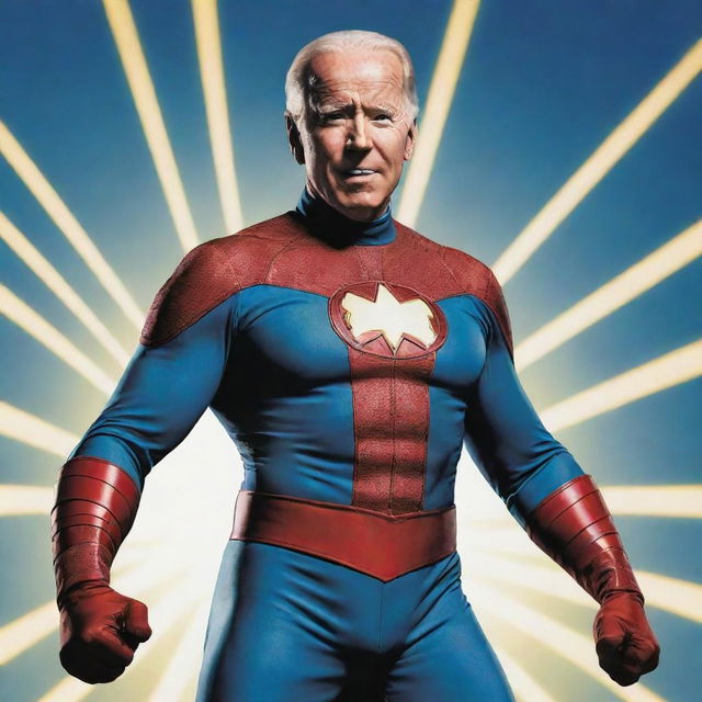 Joe Biden styled as a heroic comic book character, radiating strength, courage, and determination. He's wearing a vibrant superhero costume, striking a dynamic pose.