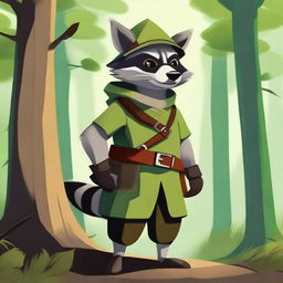 An anthropomorphic raccoon dressed in Robin Hood-esque clothing, complete with a green tunic, brown belt, and feathered cap