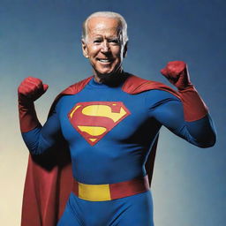 Joe Biden styled as a heroic comic book character, radiating strength, courage, and determination. He's wearing a vibrant superhero costume, striking a dynamic pose.