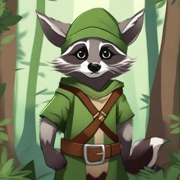 An anthropomorphic raccoon dressed in Robin Hood-esque clothing, complete with a green tunic, brown belt, and feathered cap