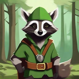 An anthropomorphic raccoon dressed in Robin Hood-esque clothing, complete with a green tunic, brown belt, and feathered cap