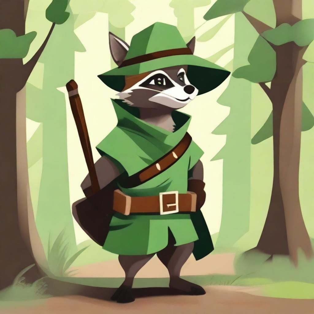 An anthropomorphic raccoon dressed in Robin Hood-esque clothing, complete with a green tunic, brown belt, and feathered cap