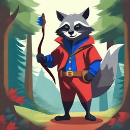 Create an image of an anthropomorphic raccoon dressed in red and blue Robin Hood-esque clothing