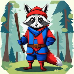 Create an image of an anthropomorphic raccoon dressed in red and blue Robin Hood-esque clothing