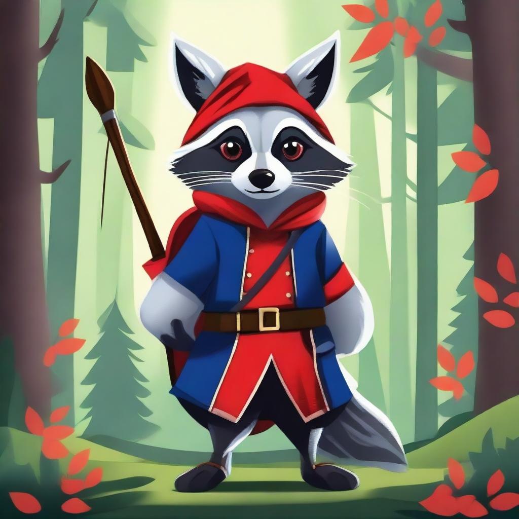 Create an image of an anthropomorphic raccoon dressed in red and blue Robin Hood-esque clothing