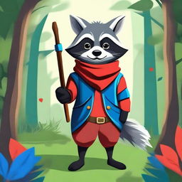 Create an image of an anthropomorphic raccoon dressed in red and blue Robin Hood-esque clothing