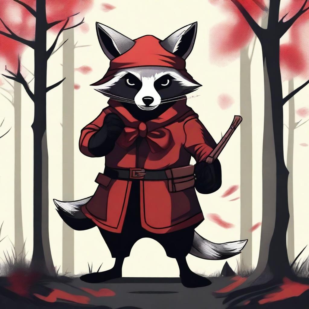 Create an image of an anthropomorphic raccoon dressed in black and red assassin-esque clothing