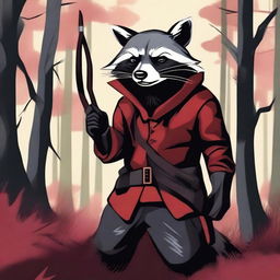 Create an image of an anthropomorphic raccoon dressed in black and red assassin-esque clothing