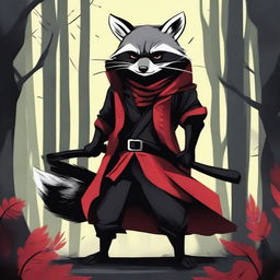 Create an image of an anthropomorphic raccoon dressed in black and red assassin-esque clothing