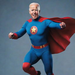 Joe Biden styled as a heroic comic book character, radiating strength, courage, and determination. He's wearing a vibrant superhero costume, striking a dynamic pose.