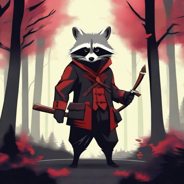 Create an image of an anthropomorphic raccoon dressed in black and red assassin-esque clothing