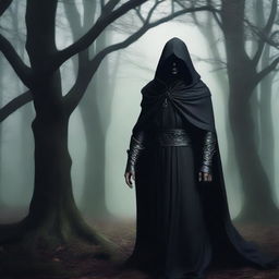 A dark elf man with long hair, wearing black robes and a hood