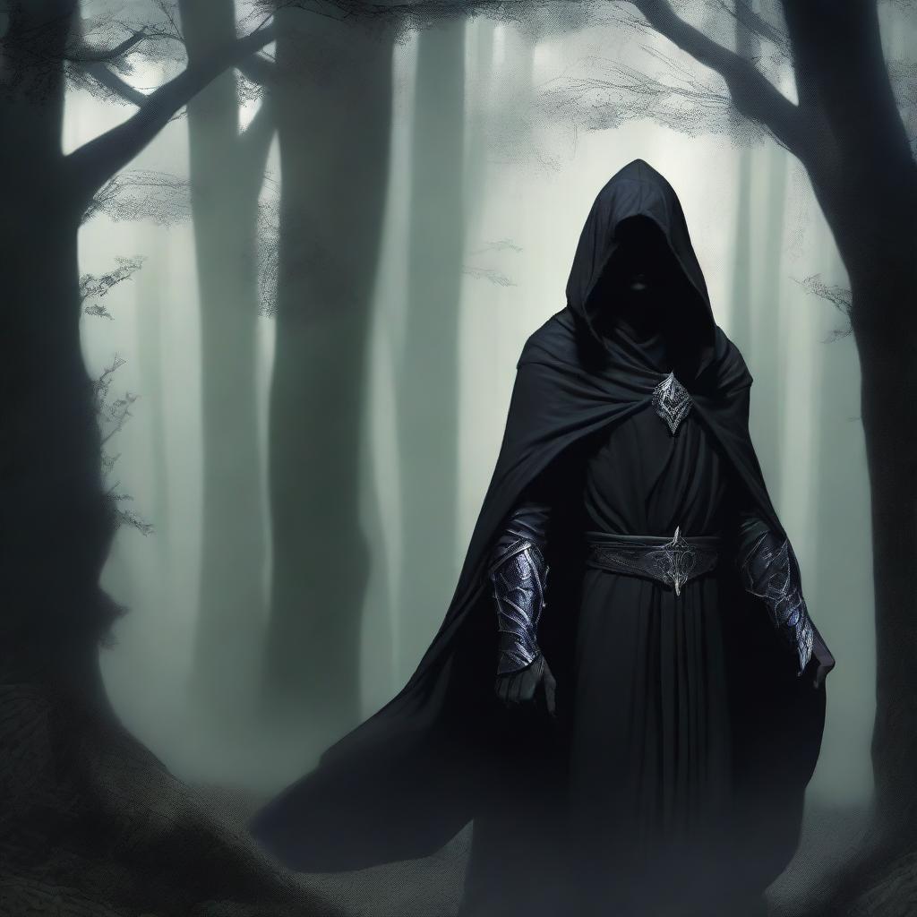 A dark elf man with long hair, wearing black robes and a hood