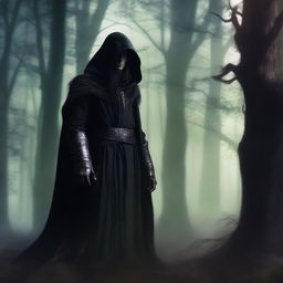 A dark elf man with long hair, wearing black robes and a hood