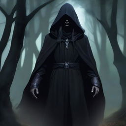 A dark elf man with long hair, wearing black robes and a hood