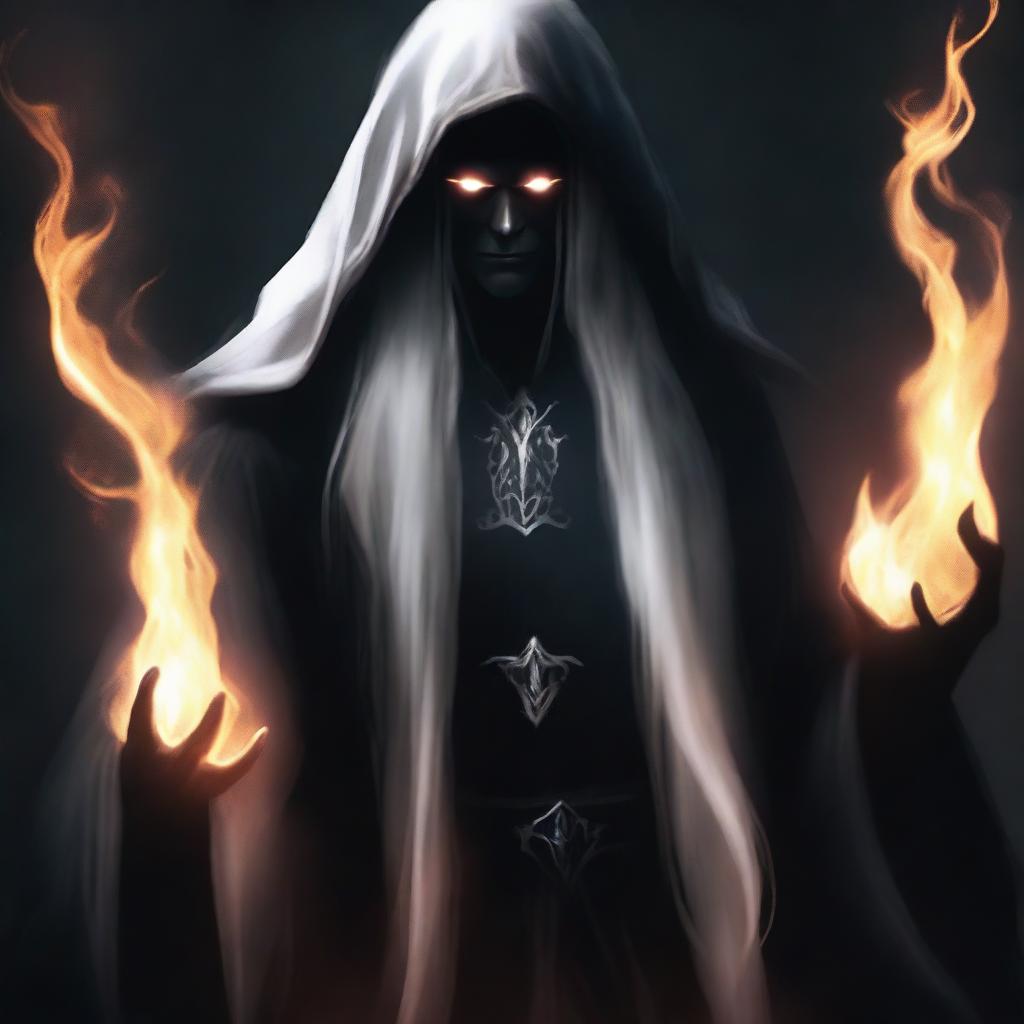 A dark elf man with long white hair wearing black robes and a hood