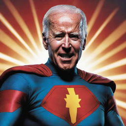 Joe Biden styled as a heroic comic book character, radiating strength, courage, and determination. He's wearing a vibrant superhero costume, striking a dynamic pose.