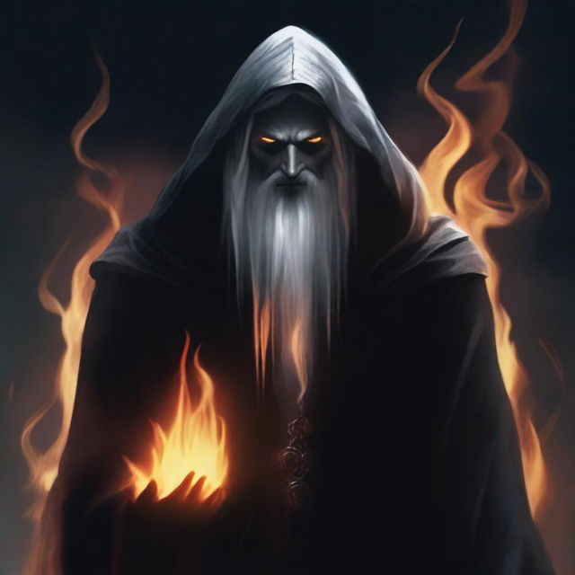 A dark elf man with long white hair wearing black robes and a hood