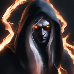 A dark elf man with long white hair wearing black robes and a hood