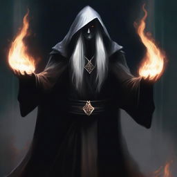 A dark elf man with long white hair wearing black robes and a hood