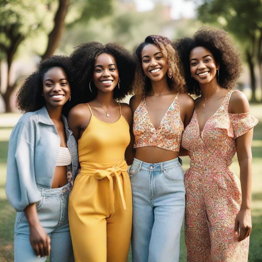 A group of beautiful women standing together, each with unique features and diverse backgrounds, smiling and enjoying a sunny day in a picturesque park