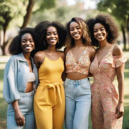 A group of beautiful women standing together, each with unique features and diverse backgrounds, smiling and enjoying a sunny day in a picturesque park