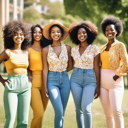 A group of beautiful women standing together, each with unique features and diverse backgrounds, smiling and enjoying a sunny day in a picturesque park