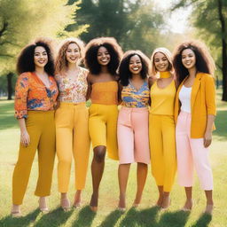 A group of beautiful women standing together, each with unique features and diverse backgrounds, smiling and enjoying a sunny day in a picturesque park