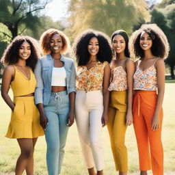 A group of beautiful women standing together, each with unique features and diverse backgrounds, smiling and enjoying a sunny day in a picturesque park