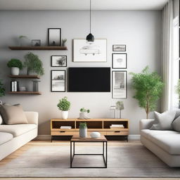 A cozy living room wall that features a comfortable sofa and a television