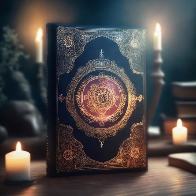 A book cover that looks like a magical book, featuring intricate designs, glowing runes, and an aura of enchantment