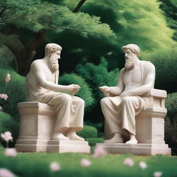 In a serene garden setting, the ancient philosophers Epicurus and Aristotle are engaged in a thoughtful conversation about the pursuit of happiness