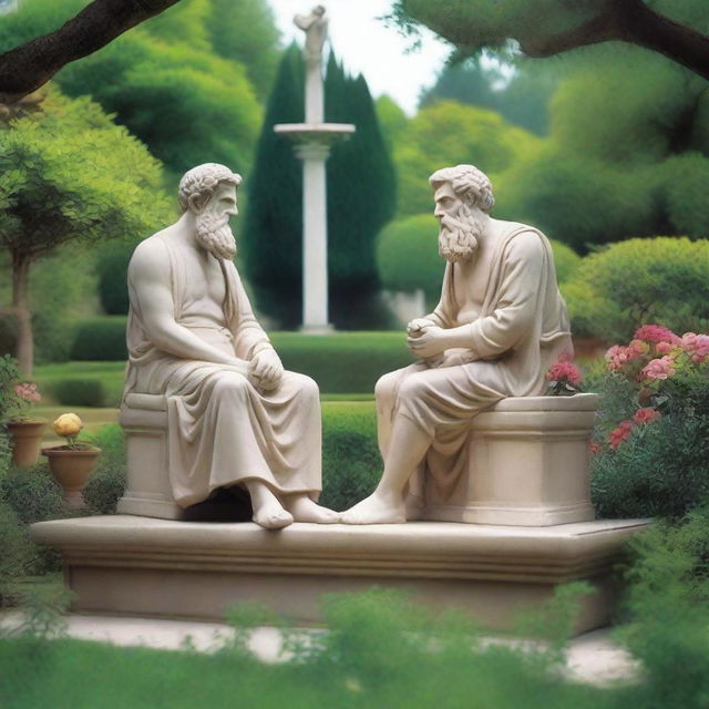 In a serene garden setting, the ancient philosophers Epicurus and Aristotle are engaged in a thoughtful conversation about the pursuit of happiness