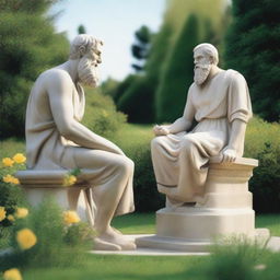 In a serene garden setting, the ancient philosophers Epicurus and Aristotle are engaged in a thoughtful conversation about the pursuit of happiness