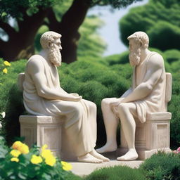 In a serene garden setting, the ancient philosophers Epicurus and Aristotle are engaged in a thoughtful conversation about the pursuit of happiness