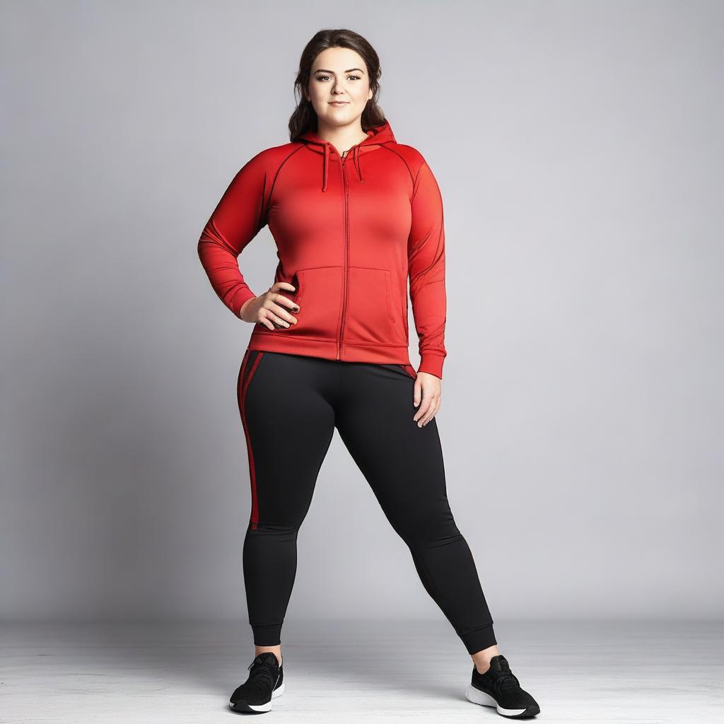 A young woman with short brown hair and a curvy figure, wearing black short leggings and a red tracksuit