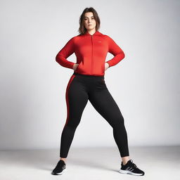 A young woman with short brown hair and a curvy figure, wearing black short leggings and a red tracksuit