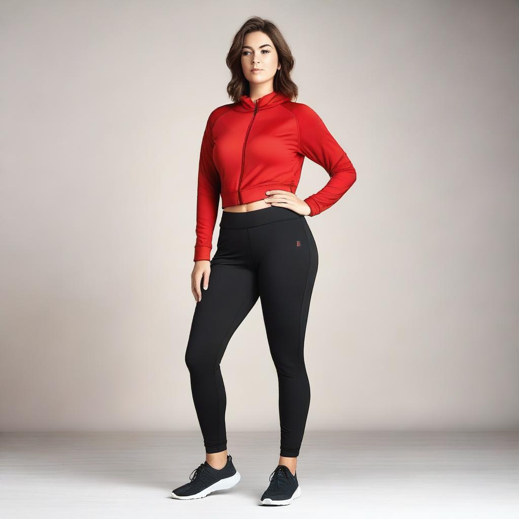 A young woman with short brown hair and a curvy figure, wearing black short leggings and a red tracksuit