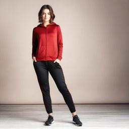 A young woman with short brown hair and a curvy figure, wearing black short leggings and a red tracksuit