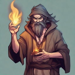 A scruffy looking, goofy, and funny wild magic sorcerer with a beard, looking angry with a scarred and dirty face