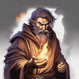 A scruffy looking, goofy, and funny wild magic sorcerer with a beard, looking angry with a scarred and dirty face