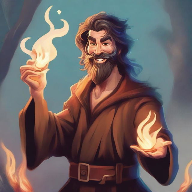 A scruffy looking, goofy, and funny wild magic sorcerer with a beard, smiling with a scarred but clean face
