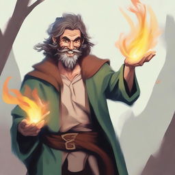 A scruffy looking, goofy, and funny wild magic sorcerer with a beard, smiling with a scarred but clean face