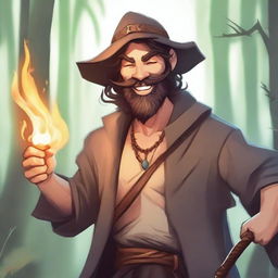 A scruffy looking, goofy, and funny wild magic sorcerer with a beard, smiling with a scarred but clean face