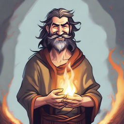 A scruffy looking, goofy, and funny wild magic sorcerer with a beard, smiling with a scarred but clean face